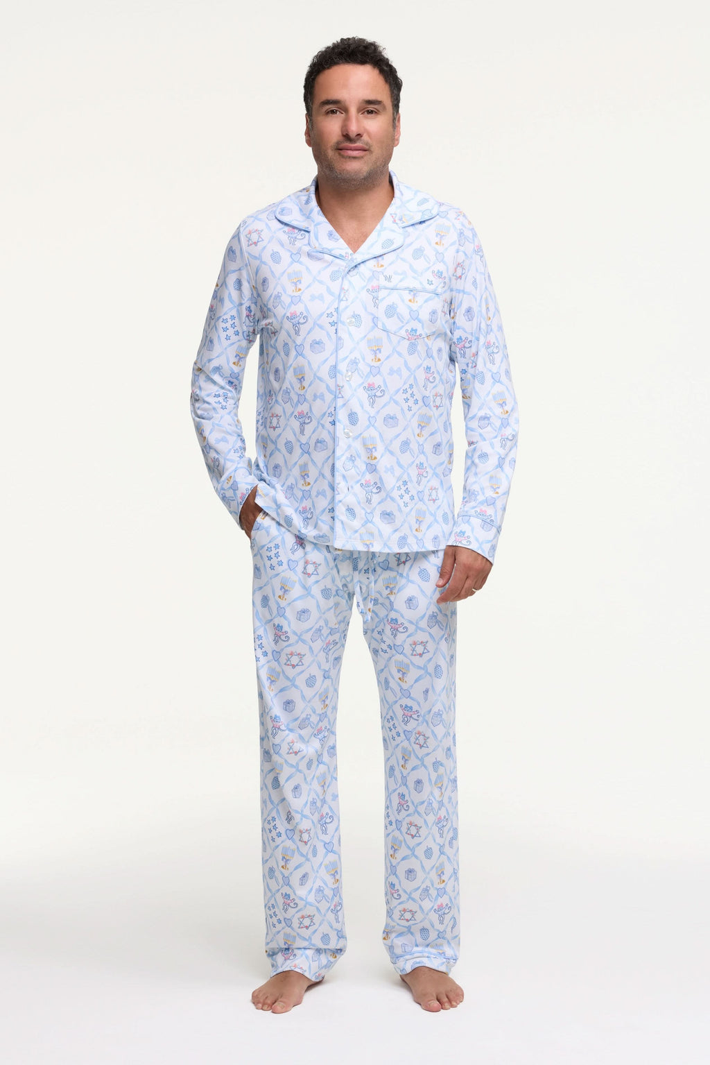 Mens Starry Nights Lattice Long Sleeve Polo Pajamas