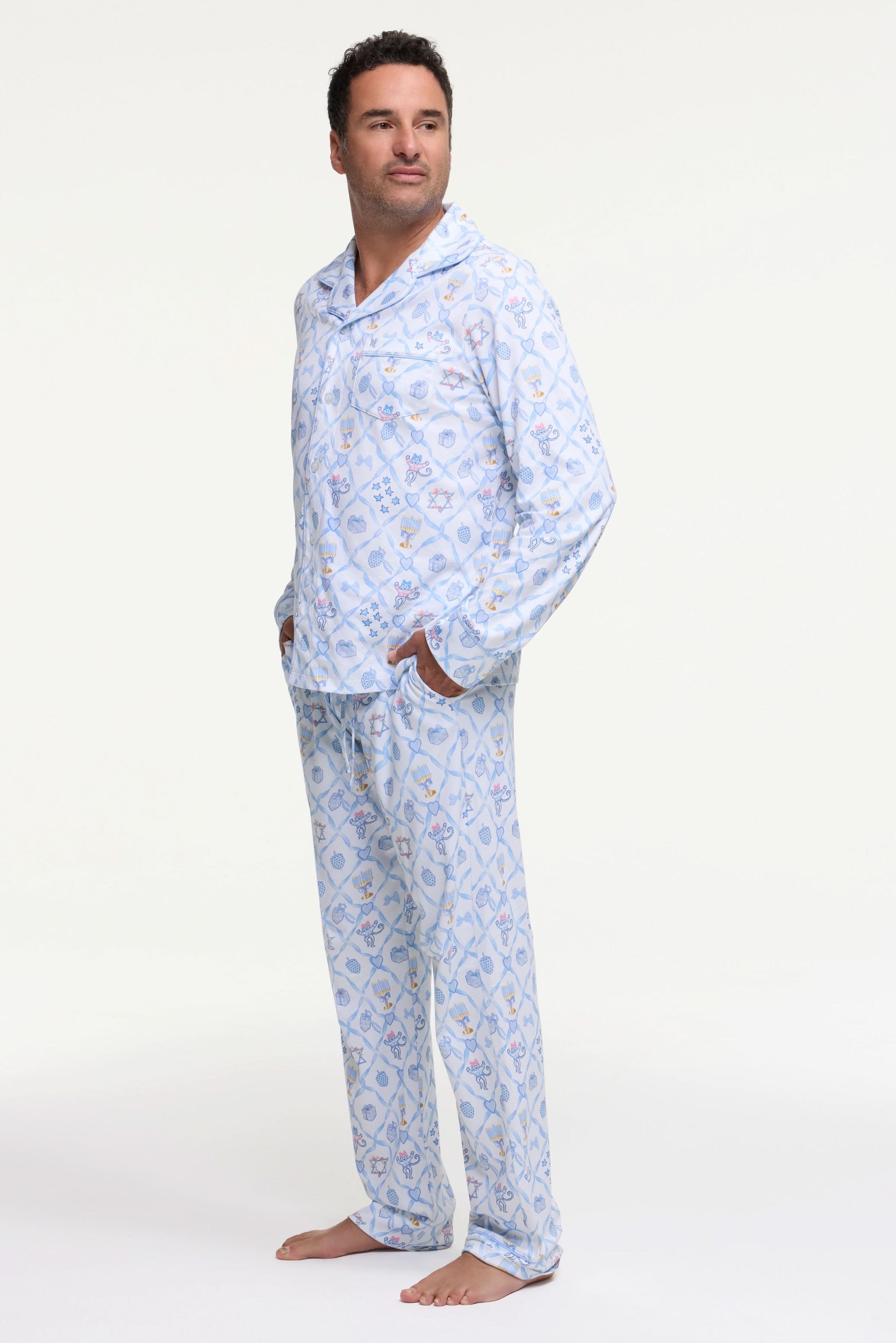 Mens Starry Nights Lattice Long Sleeve Polo Pajamas