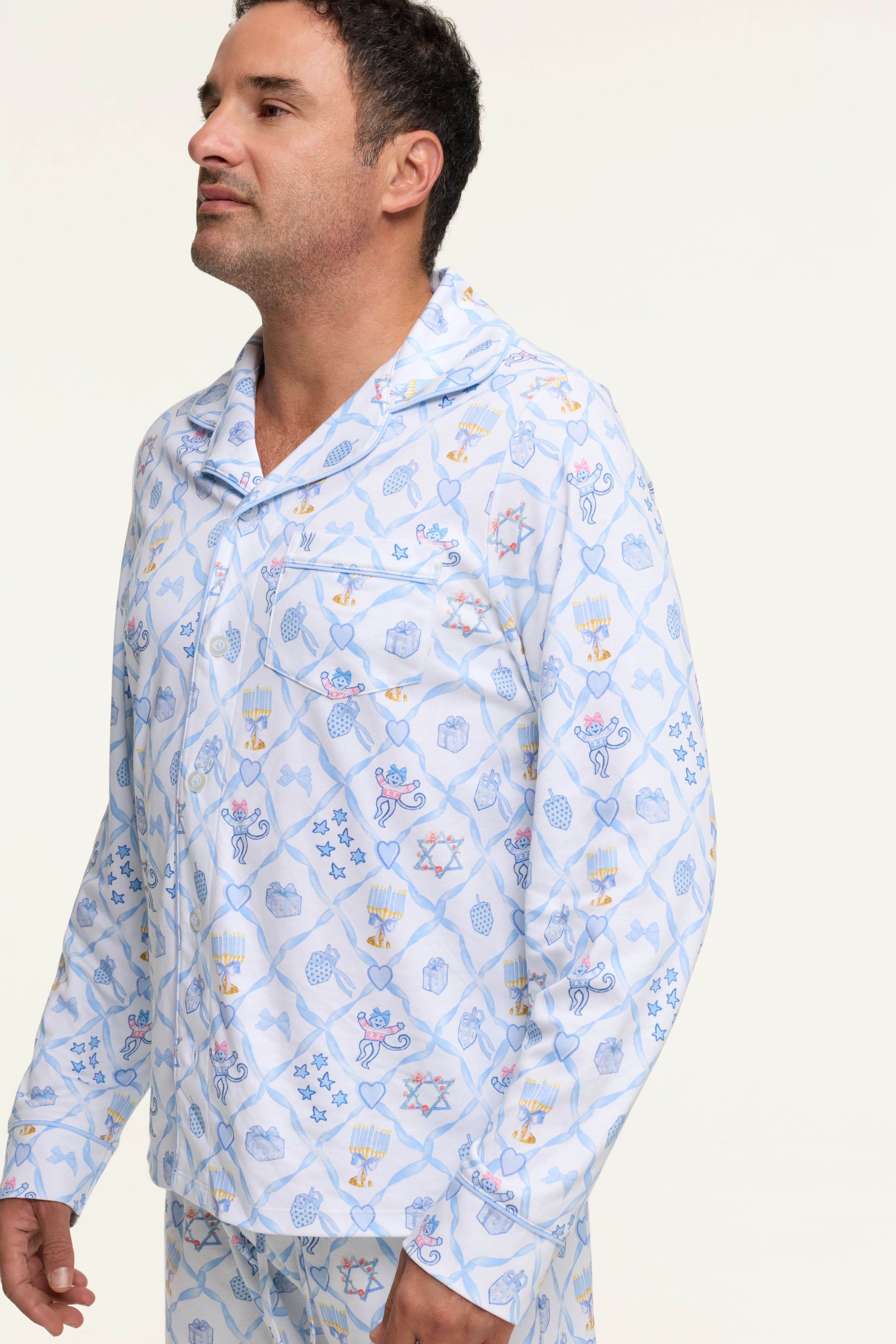 Mens Starry Nights Lattice Long Sleeve Polo Pajamas