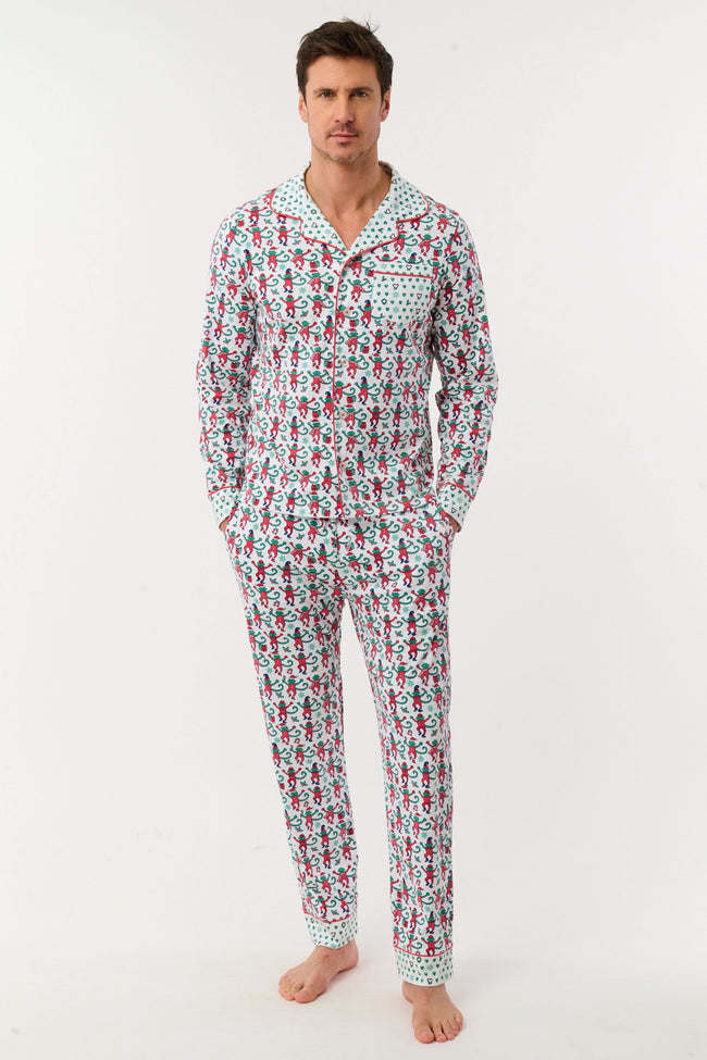Mens Monkey Mas Patchwork Long Sleeve Polo Pajamas Hover Image