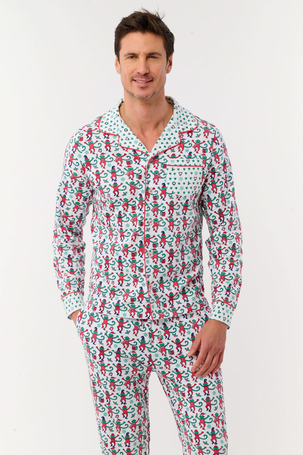 Mens Monkey Mas Patchwork Long Sleeve Polo Pajamas