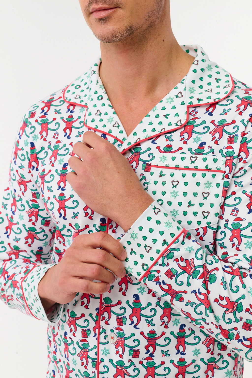 Mens Monkey Mas Patchwork Long Sleeve Polo Pajamas