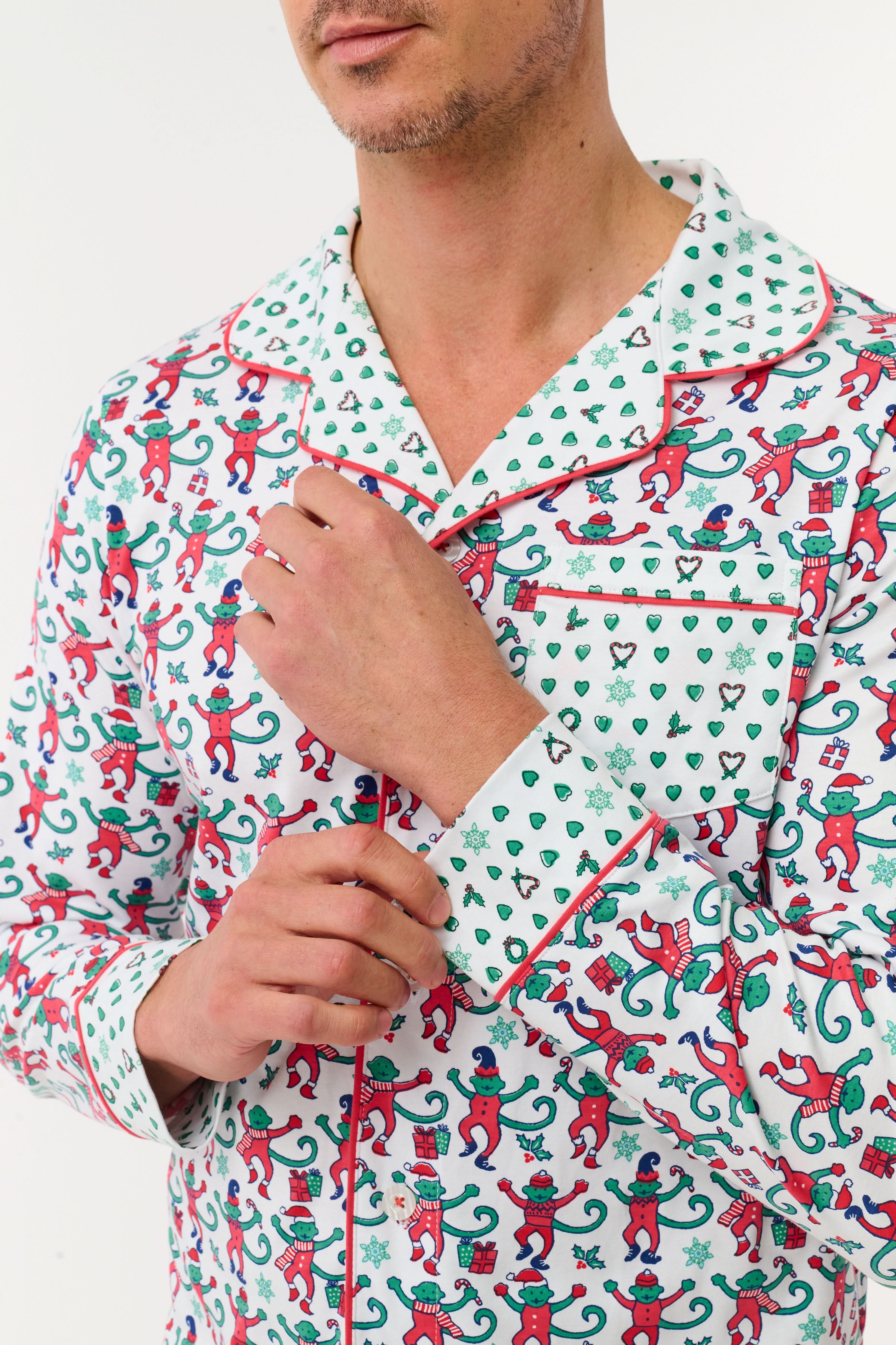 Mens Monkey Mas Patchwork Long Sleeve Polo Pajamas