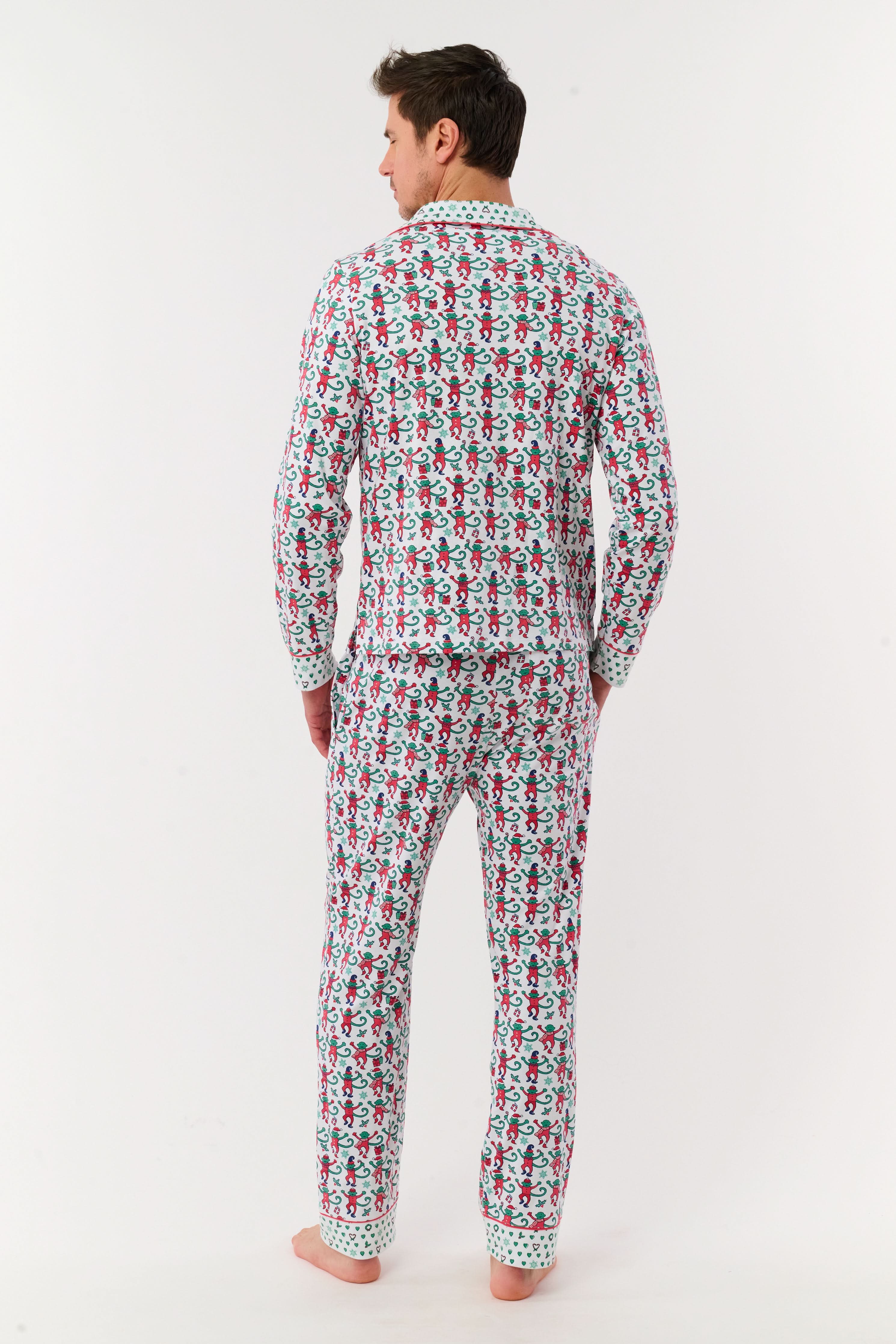 Mens Monkey Mas Patchwork Long Sleeve Polo Pajamas