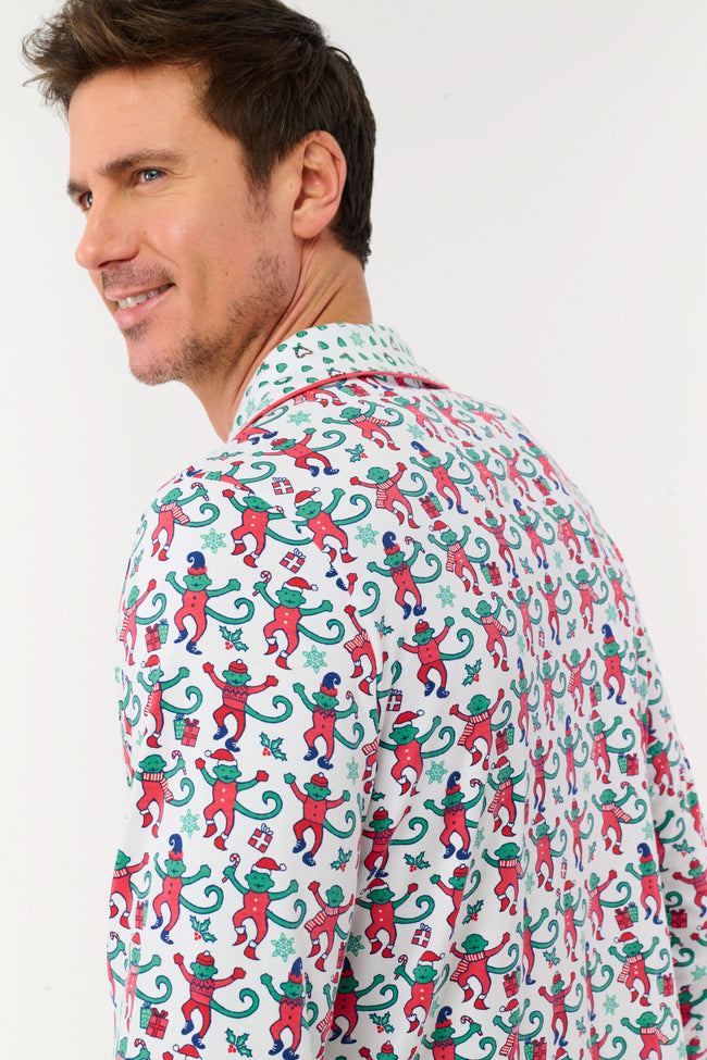 Mens Monkey Mas Patchwork Long Sleeve Polo Pajamas Main Image