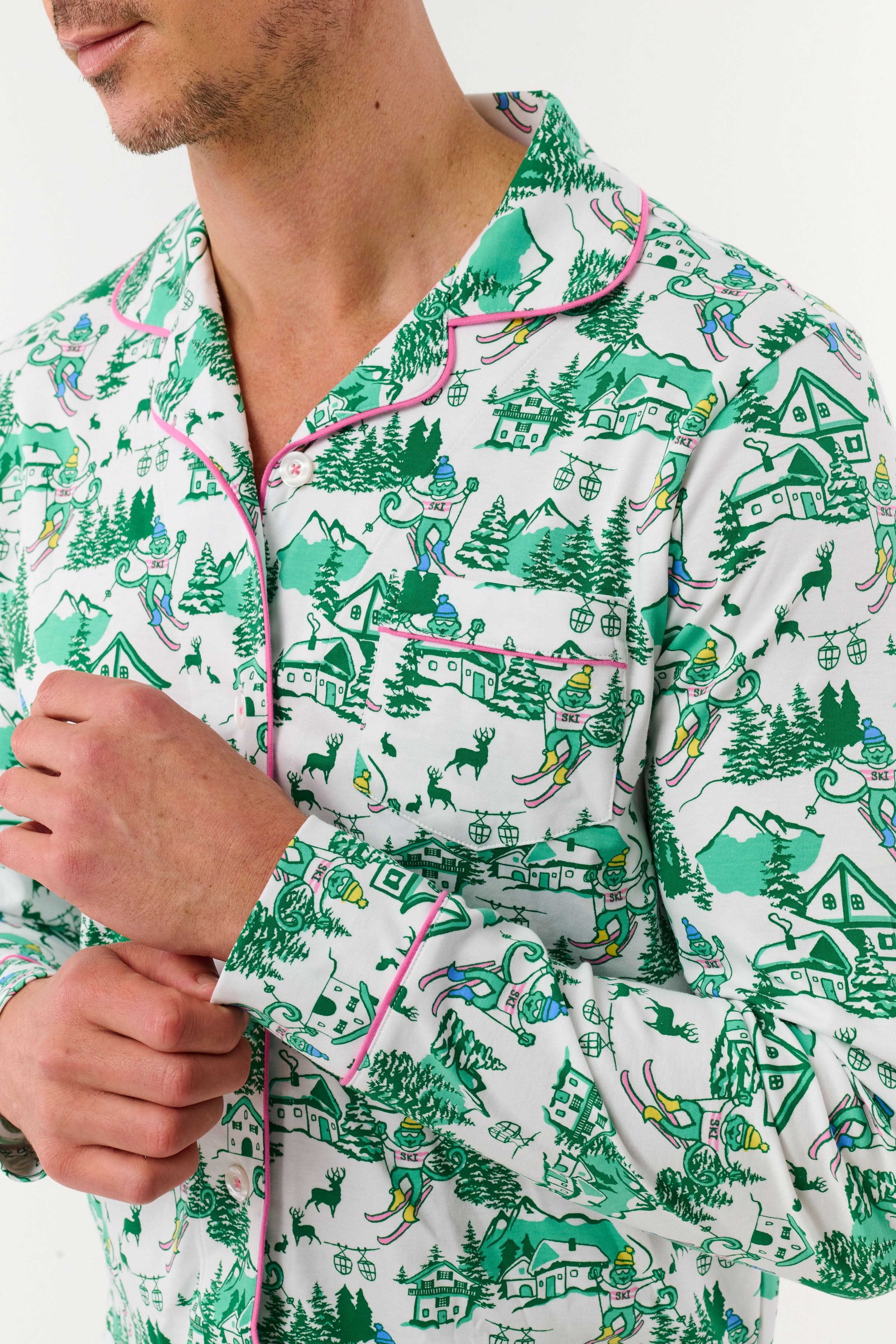 Mens Ski Toile Long Sleeve Polo Pajamas